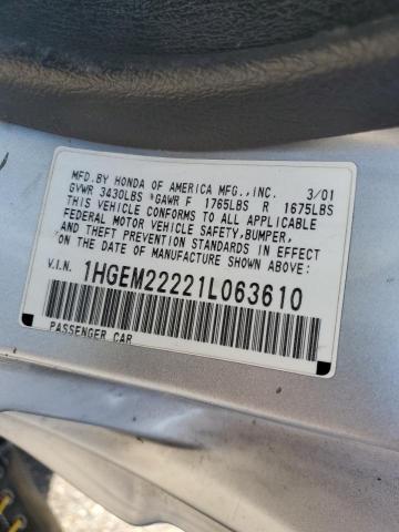 Photo 10 from auction – 2001 HONDA CIVIC DX with VIN 1HGEM22221L063610