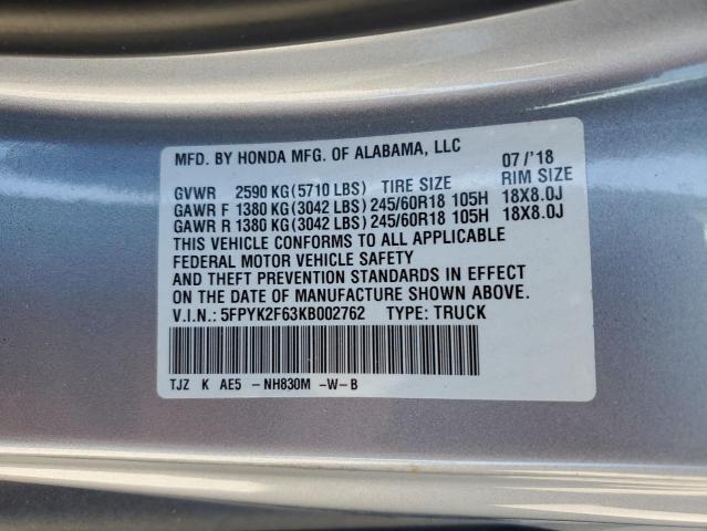 Photo 10 from auction – 2019 HONDA RIDGELINE with VIN 5FPYK2F63KB002762