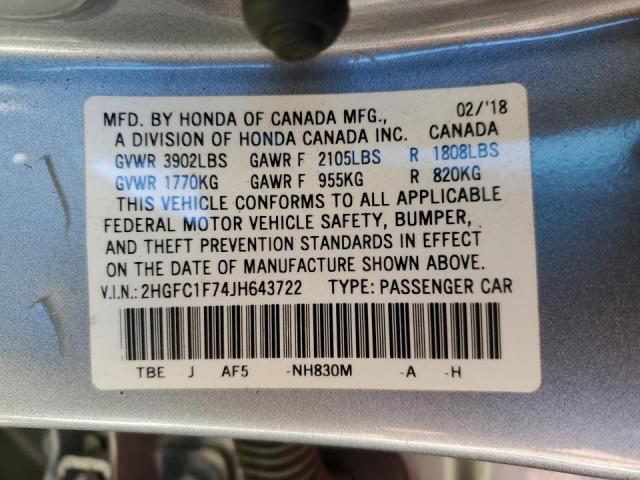 Photo 10 from auction – 2018 HONDA CIVIC EXL with VIN 2HGFC1F74JH643722