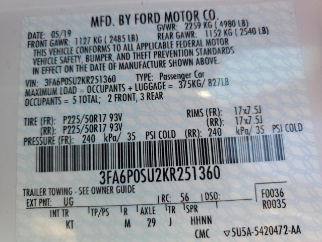 Photo 10 from auction – 2019 FORD FUSION TIT with VIN 3FA6P0SU2KR251360