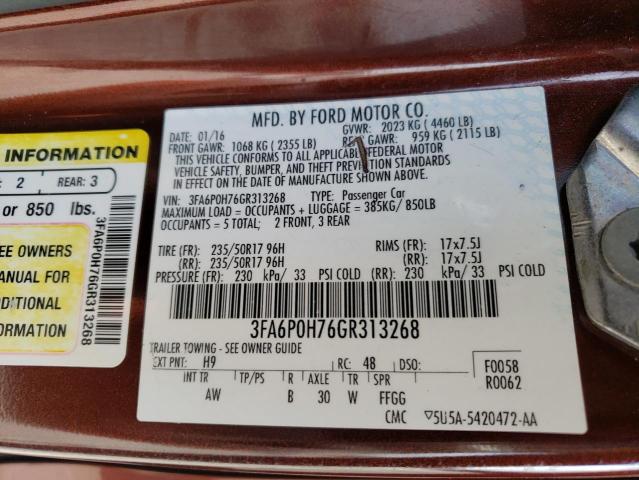 Photo 10 from auction – 2016 FORD FUSION SE with VIN 3FA6P0H76GR313268