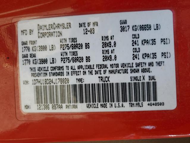 Photo 10 from auction – 2004 DODGE RAM 1500 S with VIN 1D7HU18D24J178020