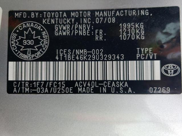 Photo 10 from auction – 2009 TOYOTA CAMRY BASE with VIN 4T1BE46K29U329343