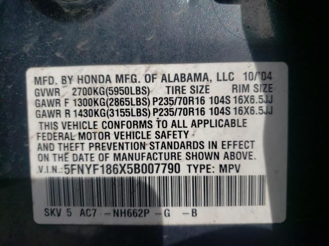 Photo 10 from auction – 2005 HONDA PILOT EXL with VIN 5FNYF186X5B007790