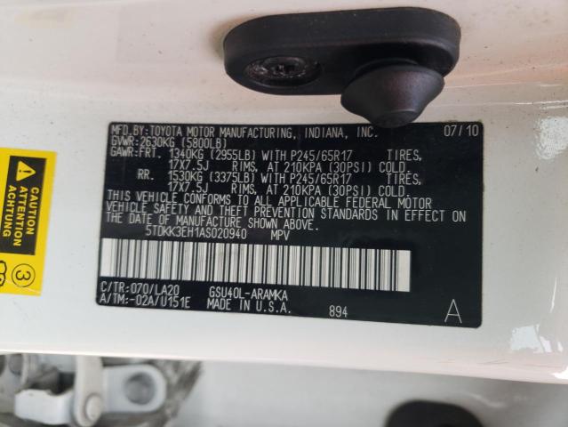 Photo 10 from auction – 2010 TOYOTA HIGHLANDER with VIN 5TDKK3EH1AS020940