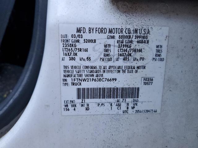 Photo 10 from auction – 2003 FORD F250 SUPER with VIN 1FTNW21P63EC76699