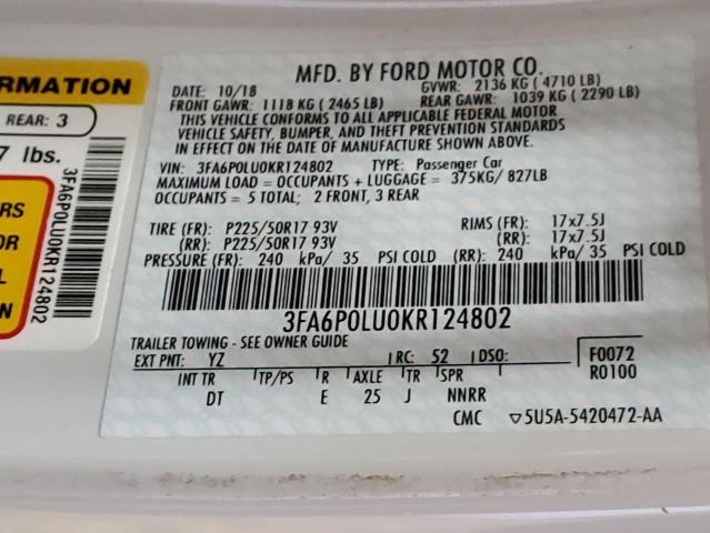 Photo 10 from auction – 2019 FORD FUSION SE with VIN 3FA6P0LU0KR124802
