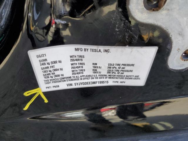 Foto 10 de la subasta – 2021 TESLA MODEL Y con VIN 5YJYGDEE3MF199515