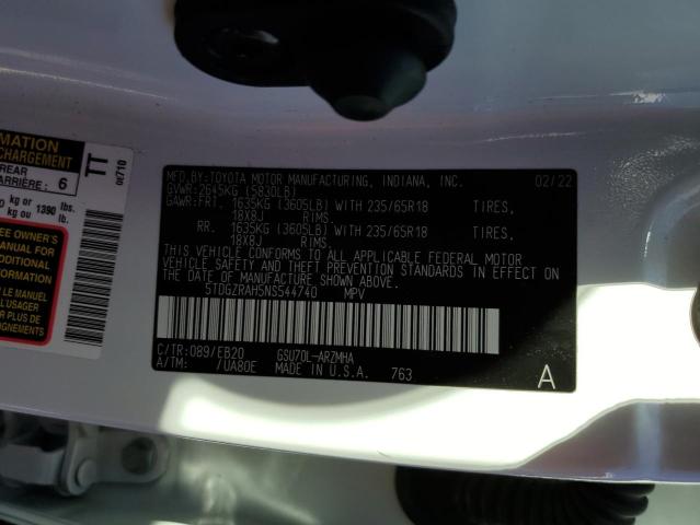 Photo 10 from auction – 2022 TOYOTA HIGHLANDER with VIN 5TDGZRAH5NS544740