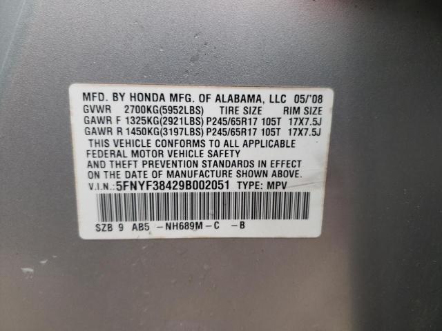 Photo 10 from auction – 2009 HONDA PILOT EX with VIN 5FNYF38429B002051
