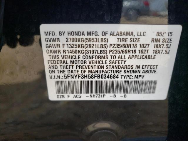 Photo 10 from auction – 2015 HONDA PILOT EXL with VIN 5FNYF3H58FB034684