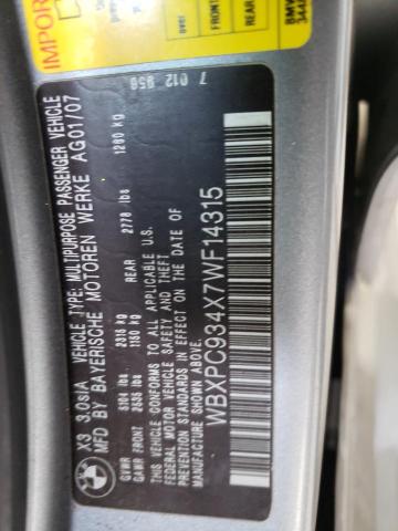 Photo 10 from auction – 2007 BMW X3 3.0SI with VIN WBXPC934X7WF14315
