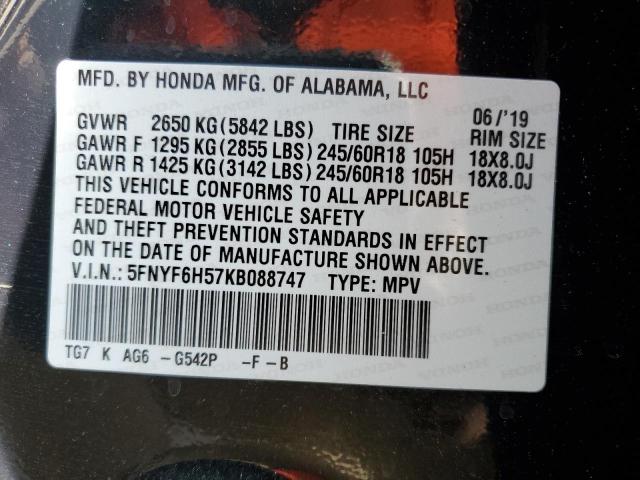 Photo 10 from auction – 2019 HONDA PILOT EXL with VIN 5FNYF6H57KB088747