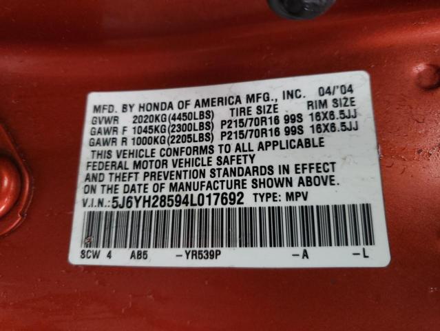 Photo 10 from auction – 2004 HONDA ELEMENT EX with VIN 5J6YH28594L017692