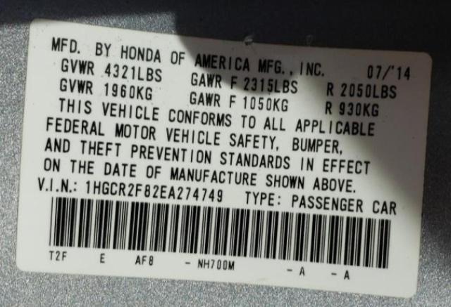 Photo 10 from auction – 2014 HONDA ACCORD EXL with VIN 1HGCR2F82EA274749