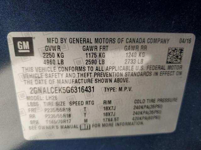 Photo 10 from auction – 2016 CHEVROLET EQUINOX LT with VIN 2GNALCEK5G6316431