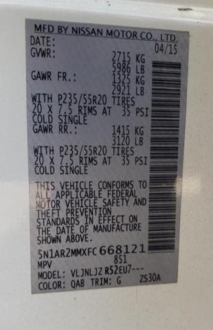 Photo 10 from auction – 2015 NISSAN PATHFINDER with VIN 5N1AR2MMXFC668121