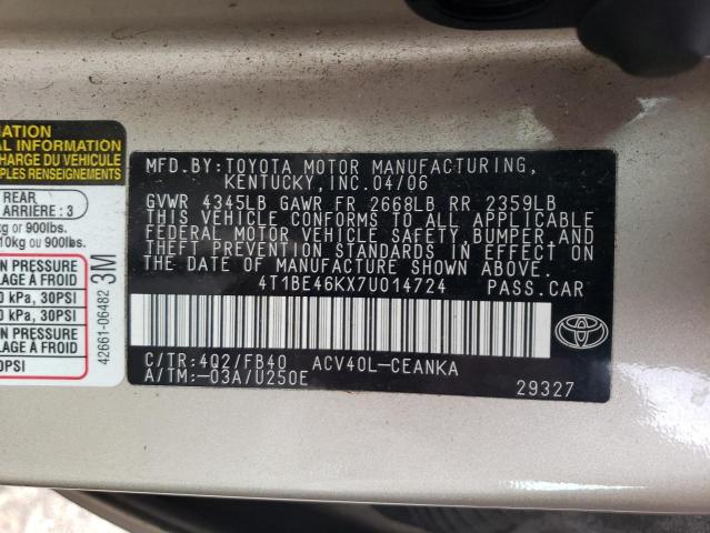 Photo 10 from auction – 2007 TOYOTA CAMRY CE with VIN 4T1BE46KX7U014724