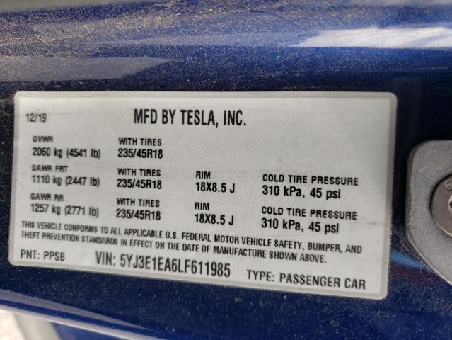 Photo 10 from auction – 2020 TESLA MODEL 3 with VIN 5YJ3E1EA6LF611985