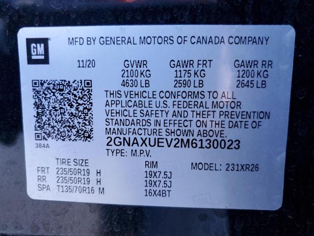 Photo 10 from auction – 2021 CHEVROLET EQUINOX LT with VIN 2GNAXUEV2M6130023