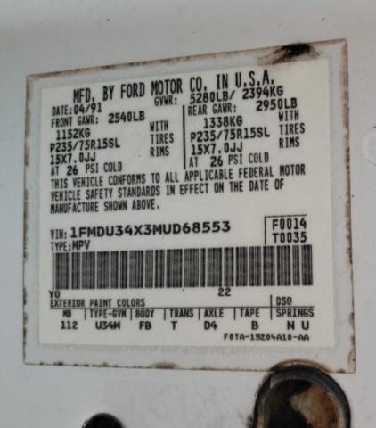 Photo 10 from auction – 1991 FORD EXPLORER with VIN 1FMDU34X3MUD68553
