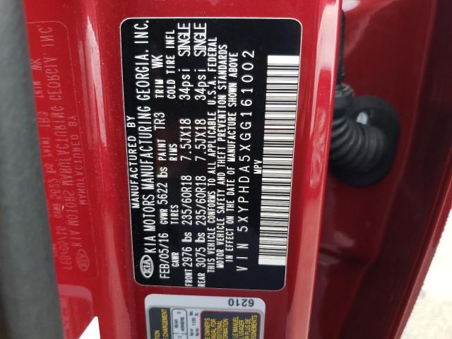 Photo 10 from auction – 2016 KIA SORENTO EX with VIN 5XYPHDA5XGG161002