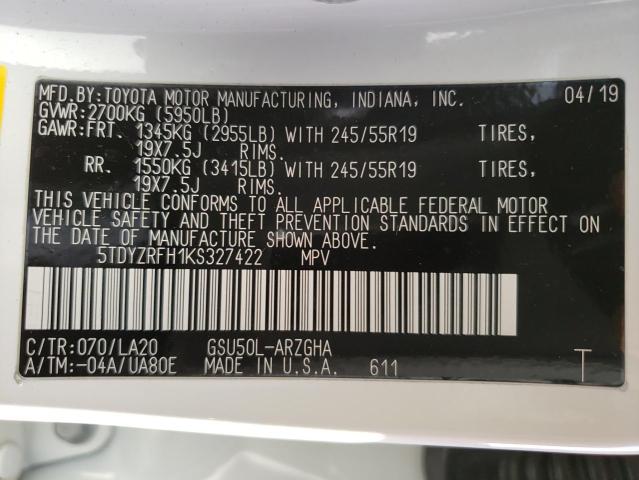 Photo 10 from auction – 2019 TOYOTA HIGHLANDER with VIN 5TDYZRFH1KS327422