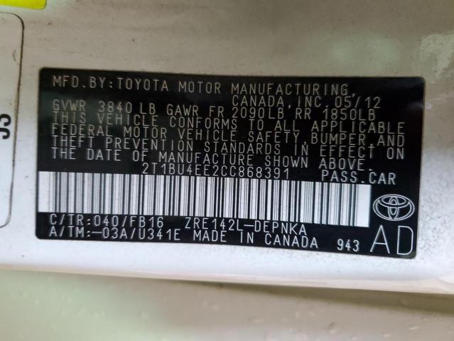 Photo 10 from auction – 2012 TOYOTA COROLLA BA with VIN 2T1BU4EE2CC868391