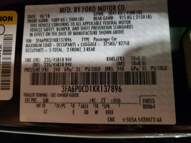 Photo 10 from auction – 2019 FORD FUSION SEL with VIN 3FA6P0CD1KR137896