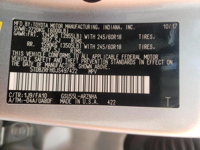 Photo 10 from auction – 2018 TOYOTA HIGHLANDER with VIN 5TDBZRFH0JS497422