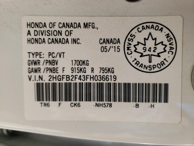 Photo 10 from auction – 2015 HONDA CIVIC LX with VIN 2HGFB2F43FH036619