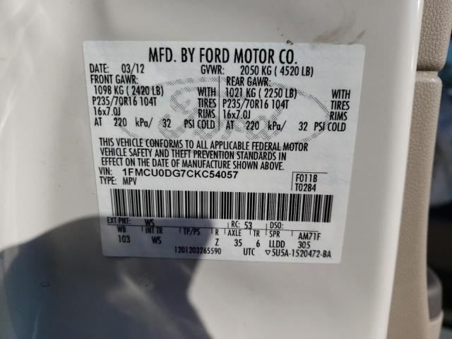 Photo 10 from auction – 2012 FORD ESCAPE XLT with VIN 1FMCU0DG7CKC54057