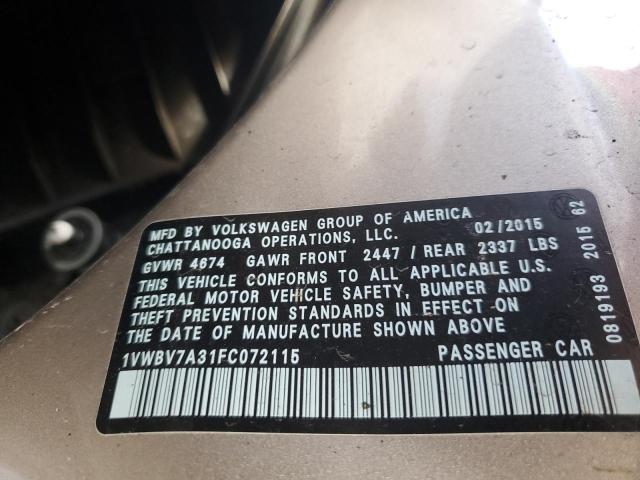 Photo 10 from auction – 2015 VOLKSWAGEN PASSAT SE with VIN 1VWBV7A31FC072115