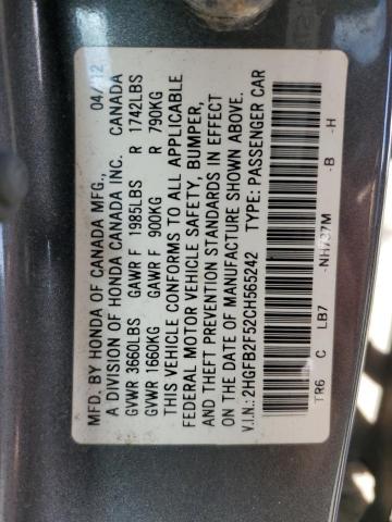 Zdjęcie 10 z aukcji – 2012 HONDA CIVIC LX z VIN 2HGFB2F52CH565242