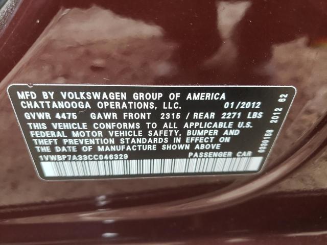 Photo 10 from auction – 2012 VOLKSWAGEN PASSAT SE with VIN 1VWBP7A33CC046329