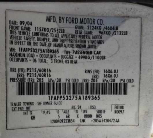 Photo 10 from auction – 2005 FORD TAURUS SEL with VIN 1FAFP53275A189365