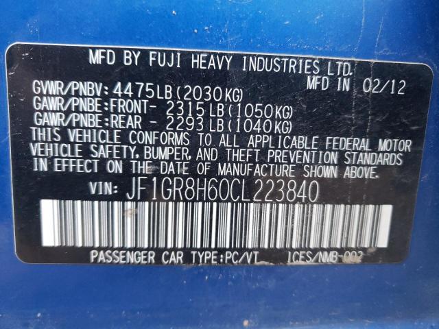 Photo 10 from auction – 2012 SUBARU IMPREZA WR with VIN JF1GR8H60CL223840