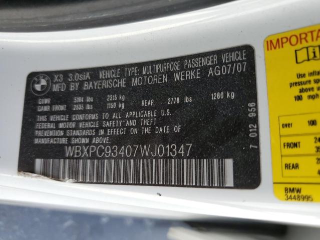 Photo 10 from auction – 2007 BMW X3 3.0SI with VIN WBXPC93407WJ01347