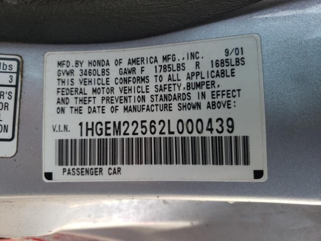 Photo 10 from auction – 2002 HONDA CIVIC LX with VIN 1HGEM22562L000439