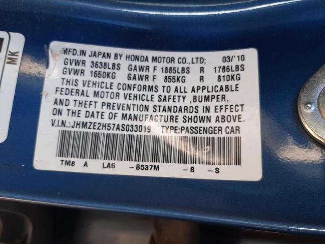 Photo 10 from auction – 2010 HONDA INSIGHT LX with VIN JHMZE2H57AS033019