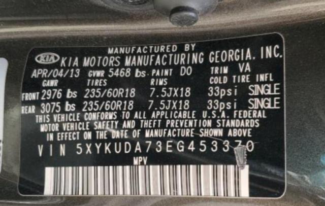Photo 10 from auction – 2014 KIA SORENTO EX with VIN 5XYKUDA73EG453370