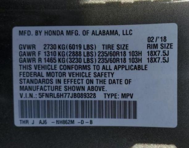 Photo 10 from auction – 2018 HONDA ODYSSEY EX with VIN 5FNRL6H77JB089328