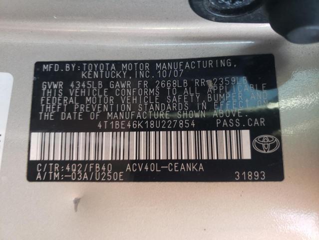 Photo 10 from auction – 2008 TOYOTA CAMRY CE with VIN 4T1BE46K18U227854