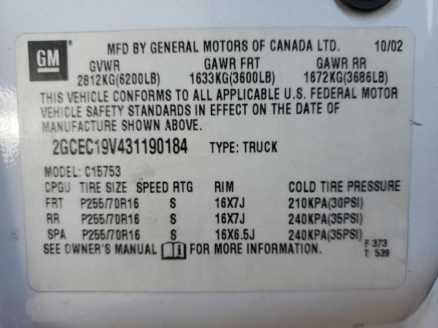 Photo 10 from auction – 2003 CHEVROLET 1500 with VIN 2GCEC19V431190184