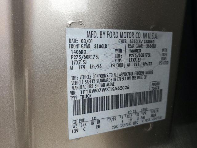 Photo 10 from auction – 2001 FORD F150 SUPER with VIN 1FTRW07WX1KA62026
