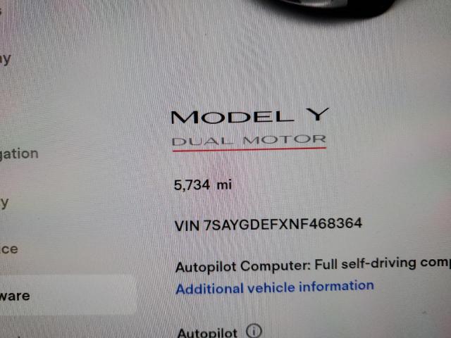Photo 8 from auction – 2022 TESLA MODEL Y with VIN 7SAYGDEFXNF468364