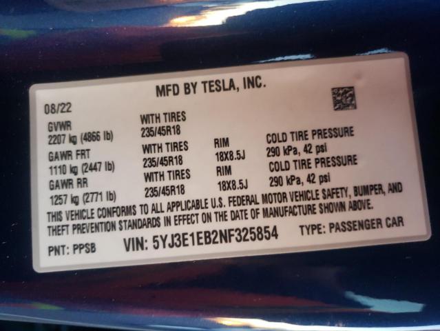 Photo 10 from auction – 2022 TESLA MODEL 3 with VIN 5YJ3E1EB2NF325854