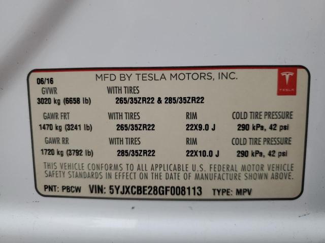 Photo 10 from auction – 2016 TESLA MODEL X with VIN 5YJXCBE28GF008113