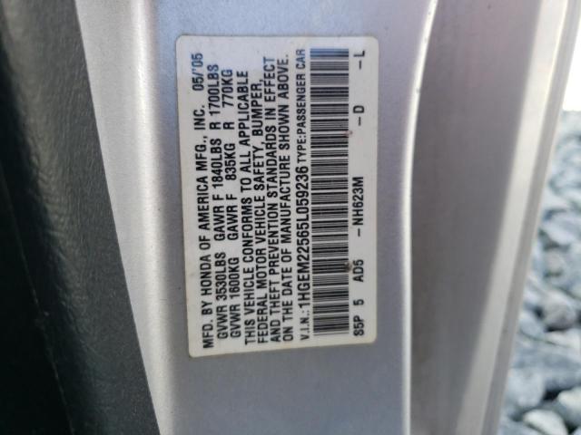 Photo 10 from auction – 2005 HONDA CIVIC LX with VIN 1HGEM22565L059236