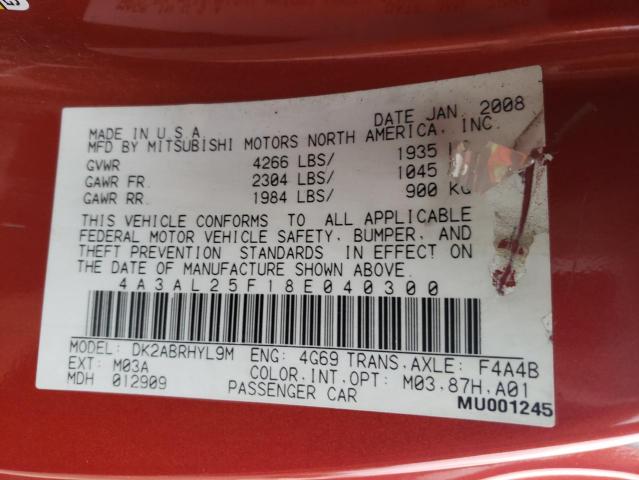 Photo 10 from auction – 2008 MITSUBISHI ECLIPSE SP with VIN 4A3AL25F18E040300